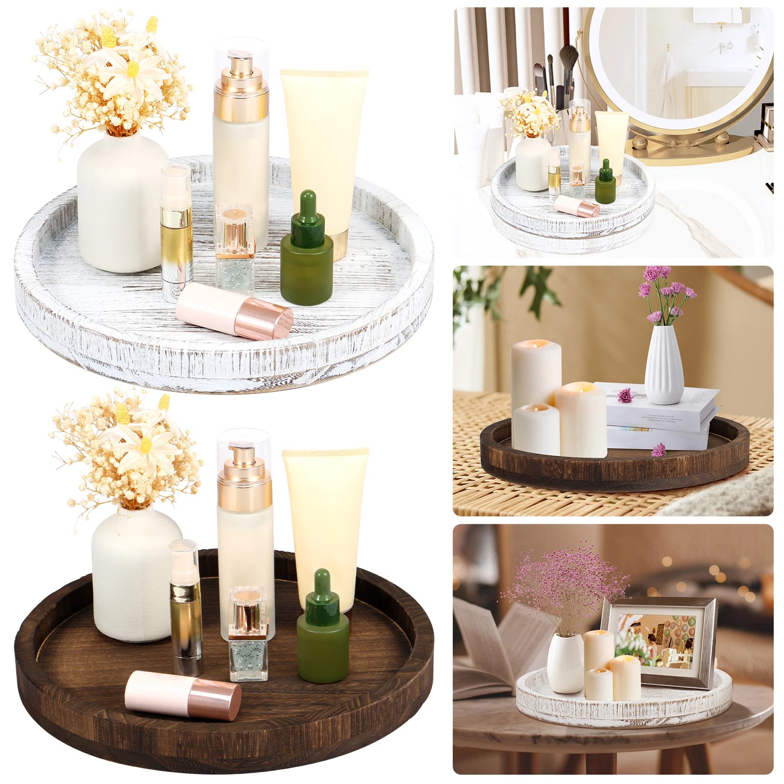 Round Wooden Candle And Coffee Tray