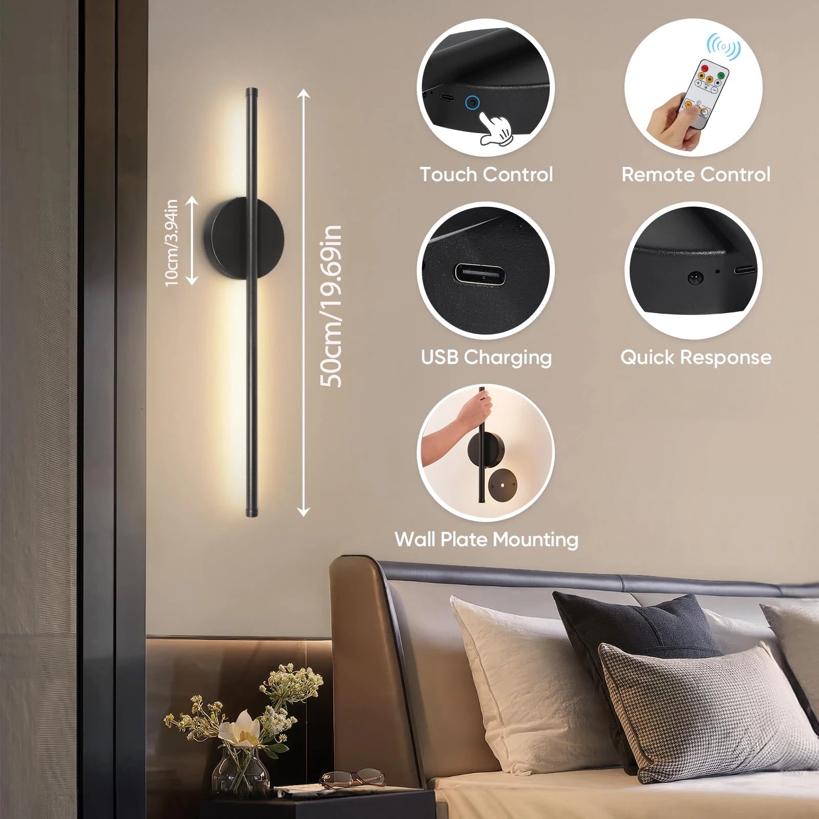 LED Rechargeable Wall Light Installation Free Wall Sconce 1PC 50CM