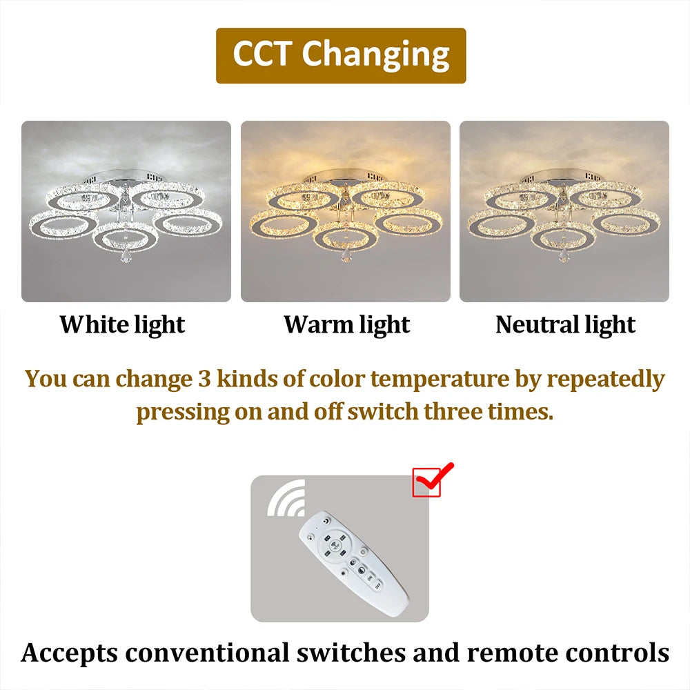 Modern K9 Led Crystal Ceiling Lamp Smart Chandelier Pendant Light Ring