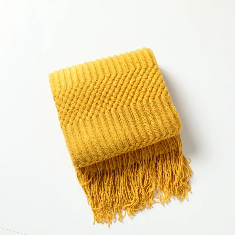 Khaki Gift Knitted Blanket with Tassels Chunky Vintage Luxury