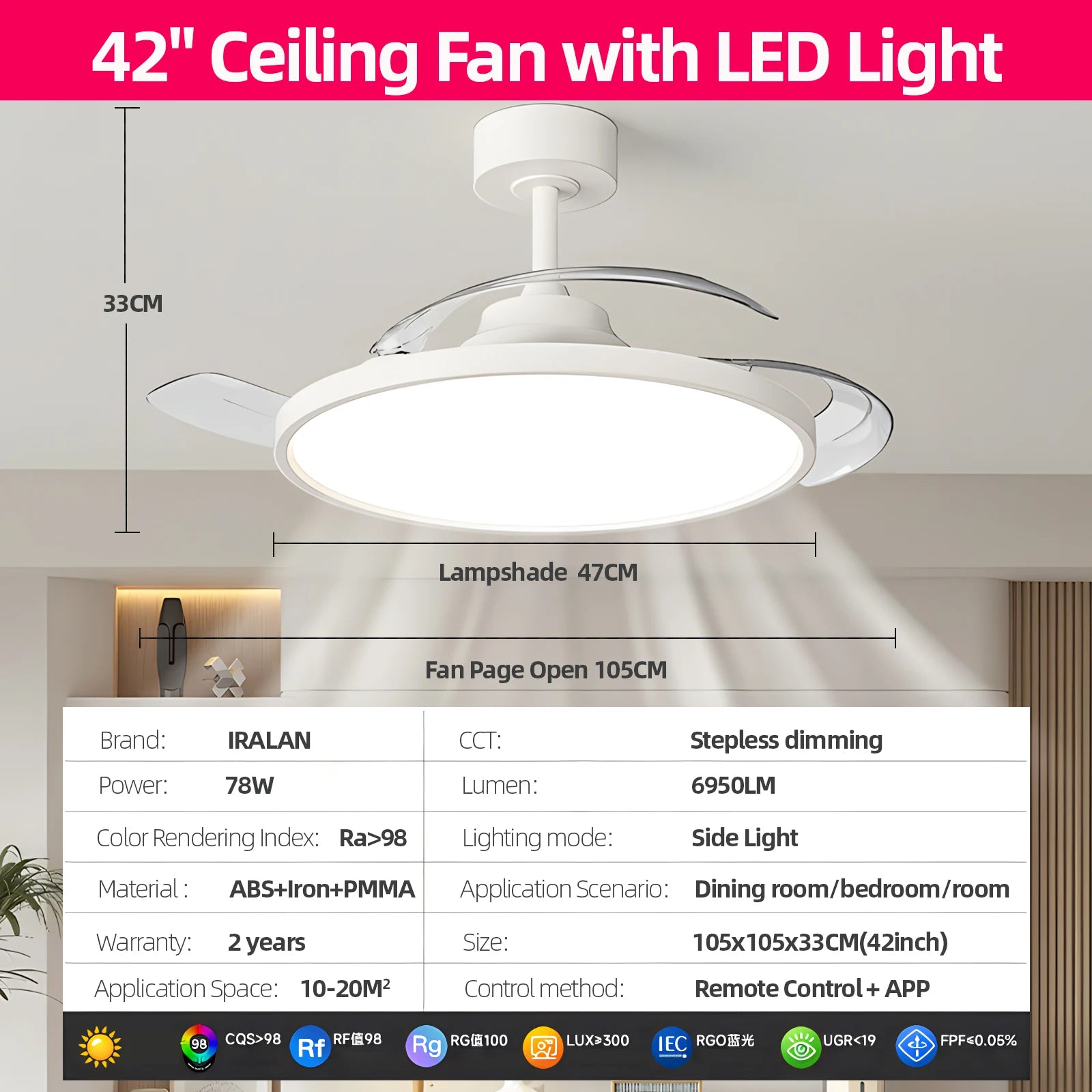Retractable Blade Ceiling Fan Light