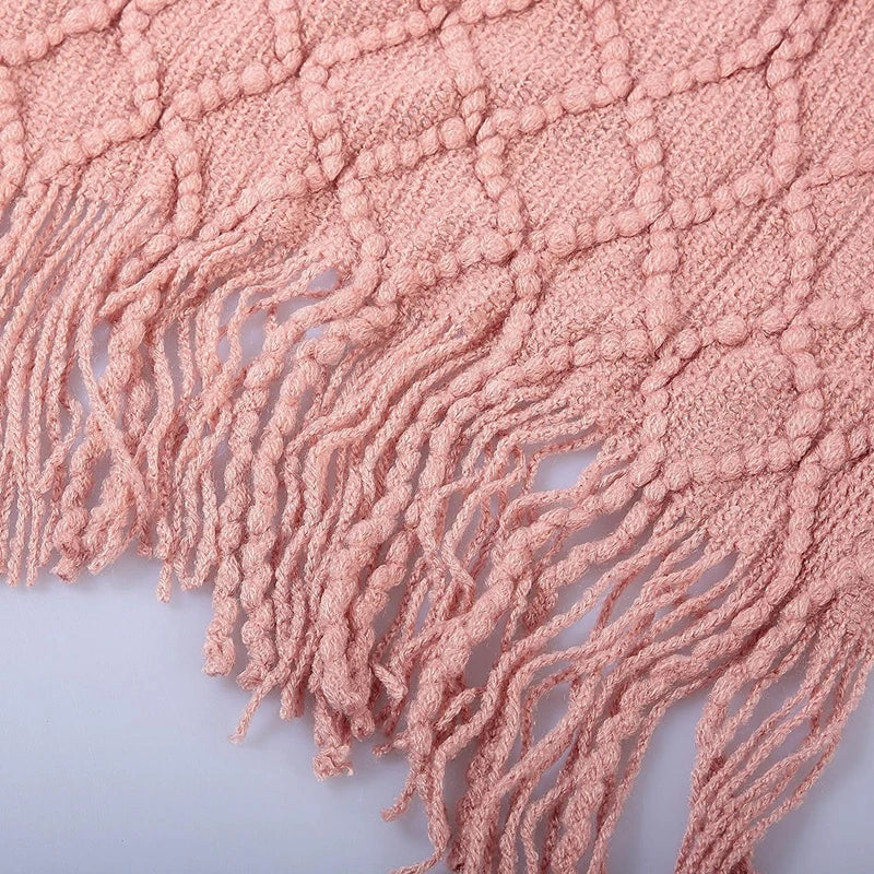 Khaki Gift Knitted Blanket with Tassels Chunky Vintage Luxury