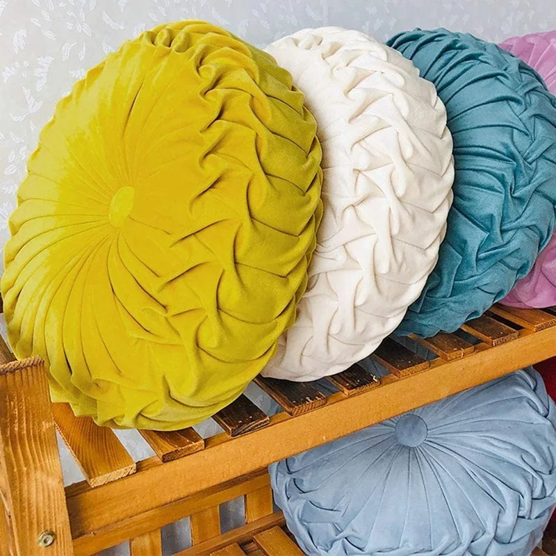 Round Throw Pillows Decorative Velvet Pleated Throw Pillows 15'' Diameter Accent Pumpkin Boho Chair Cushion for Couch Sofa Chair