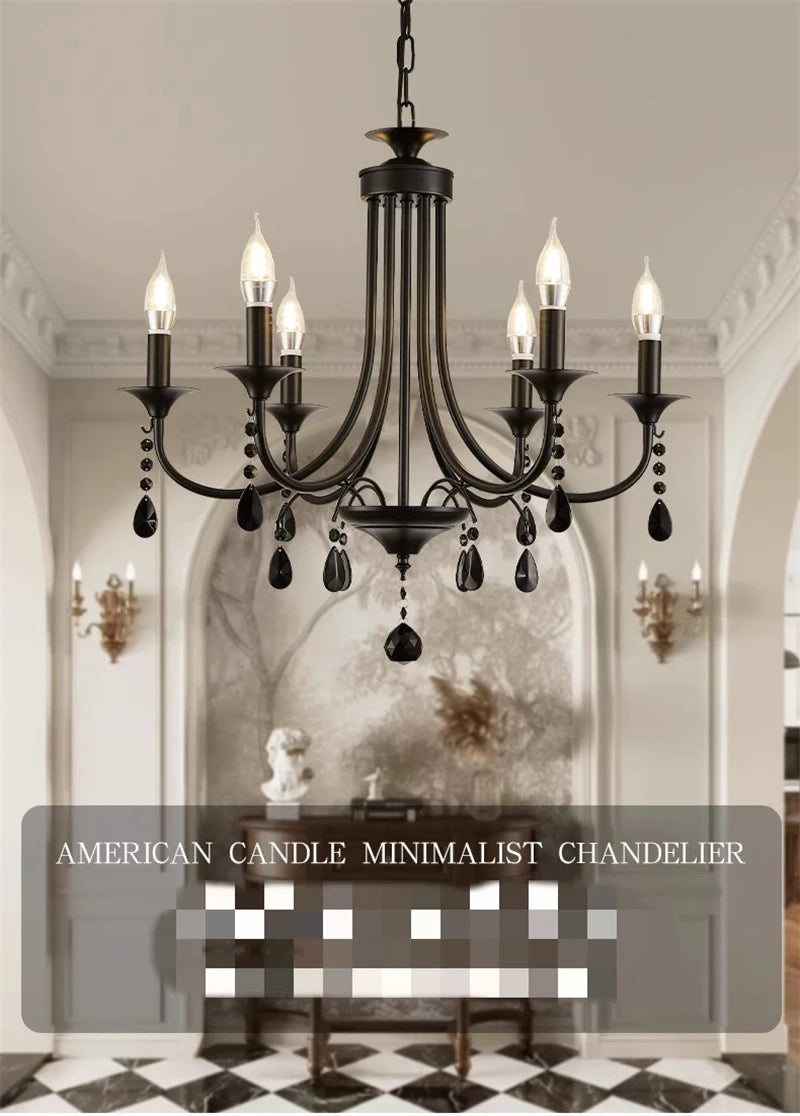 New Wrought Iron Crystal Chandelier European Classic Black Candle Lamp