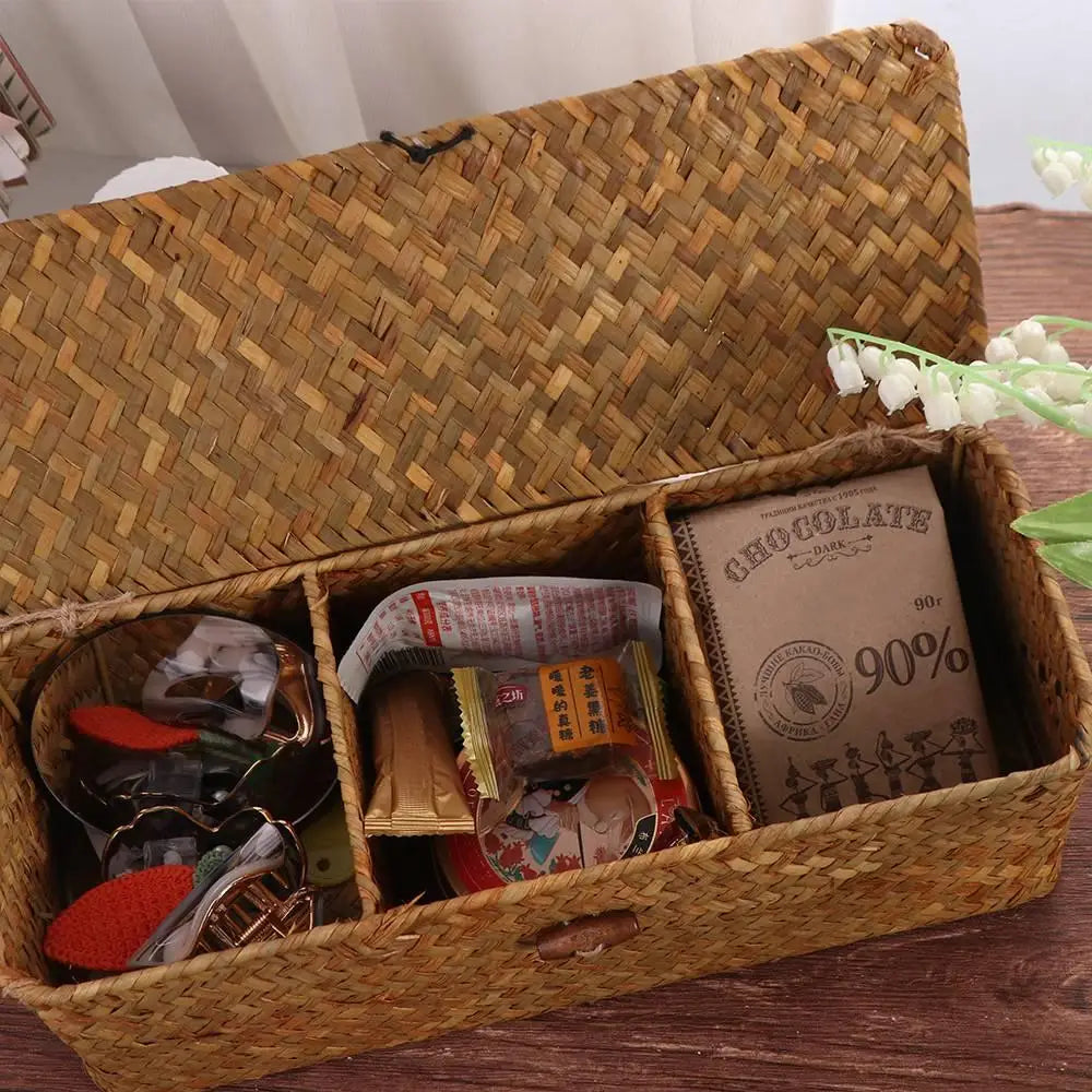 3 Compartment Woven Storage Basket with Lid