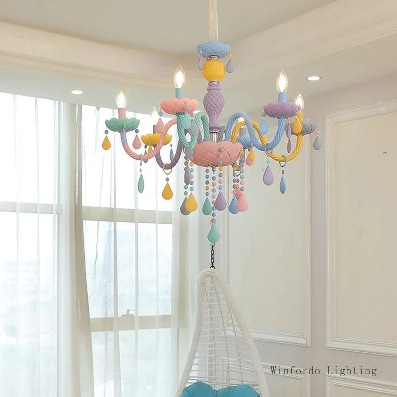 European Children Rainbow Chandelier Designer Macarone Lights Led