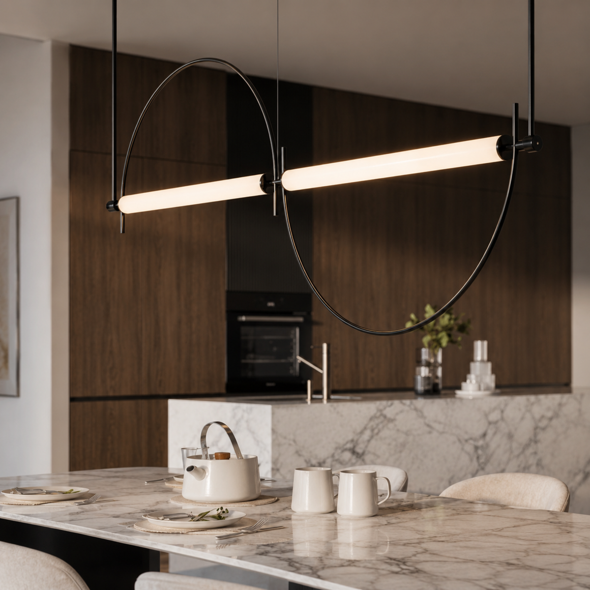 Black Loop Linear LED Pendant, Extra Long Sculptural Light