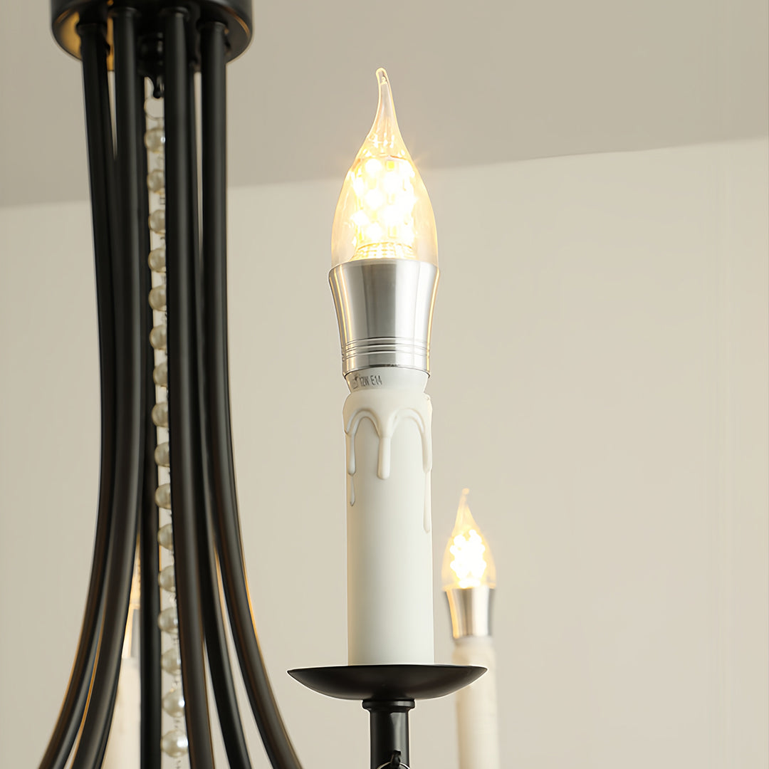 Pearl Strand Candle Chandelier, Black Iron Vintage Ceiling Light 8