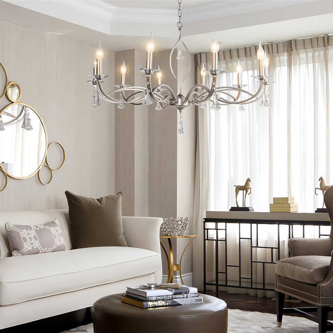 Crystal Drop Candle Chandelier, Silver Iron Scroll Arm Ceiling Light