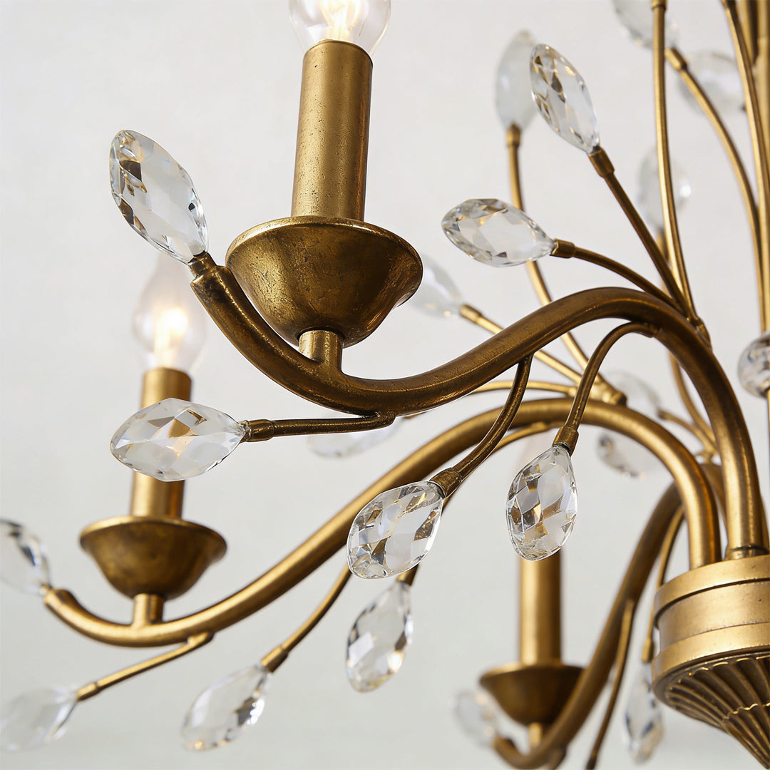 Crystal Leaf Branch Candle Chandelier, Gold Vintage Ceiling Light 9