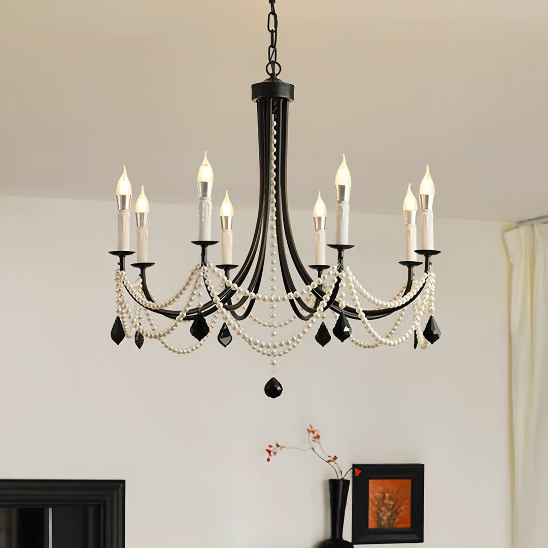 Pearl Strand Candle Chandelier, Black Iron Vintage Ceiling Light 5