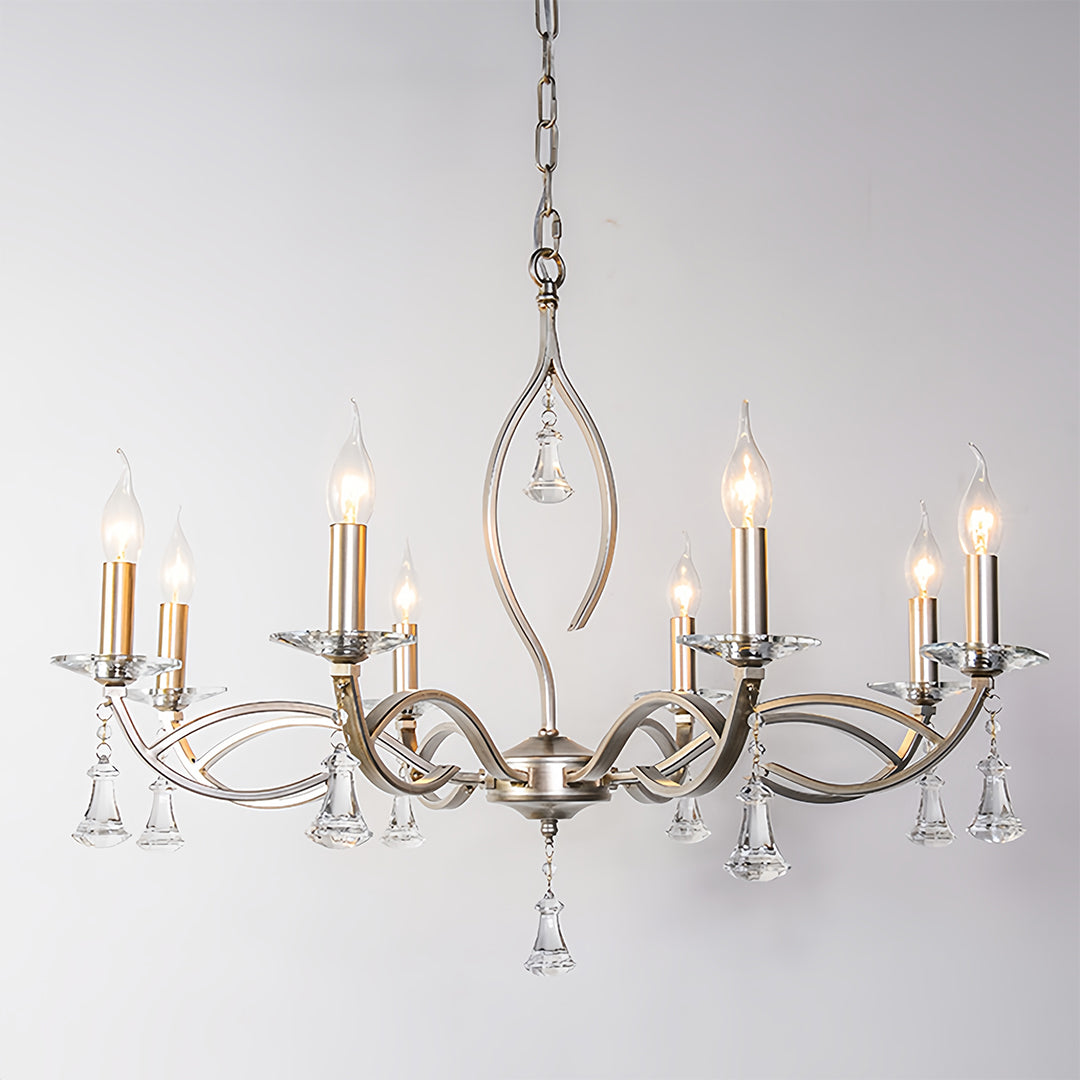 Crystal Drop Candle Chandelier, Silver Iron Scroll Arm Ceiling Light 5