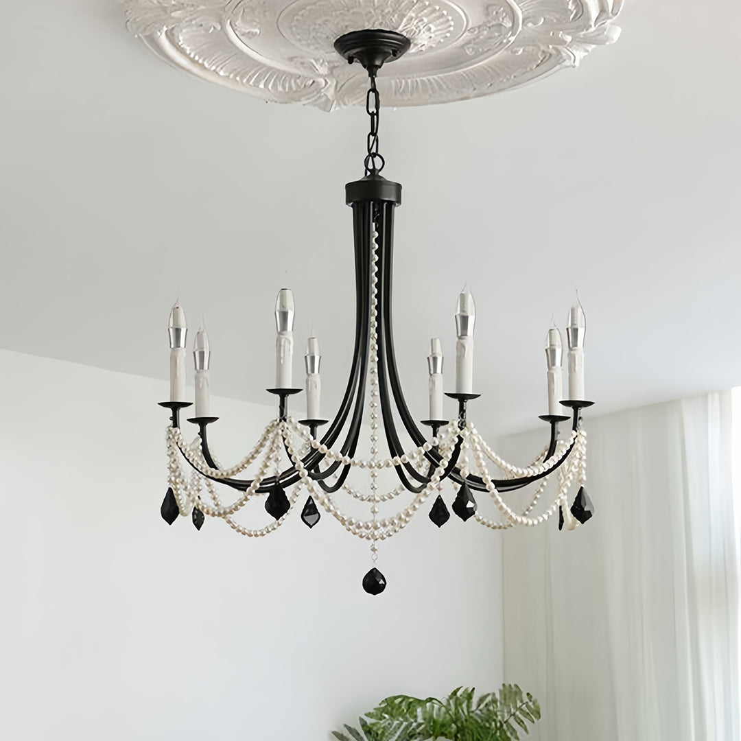 Pearl Strand Candle Chandelier, Black Iron Vintage Ceiling Light 6