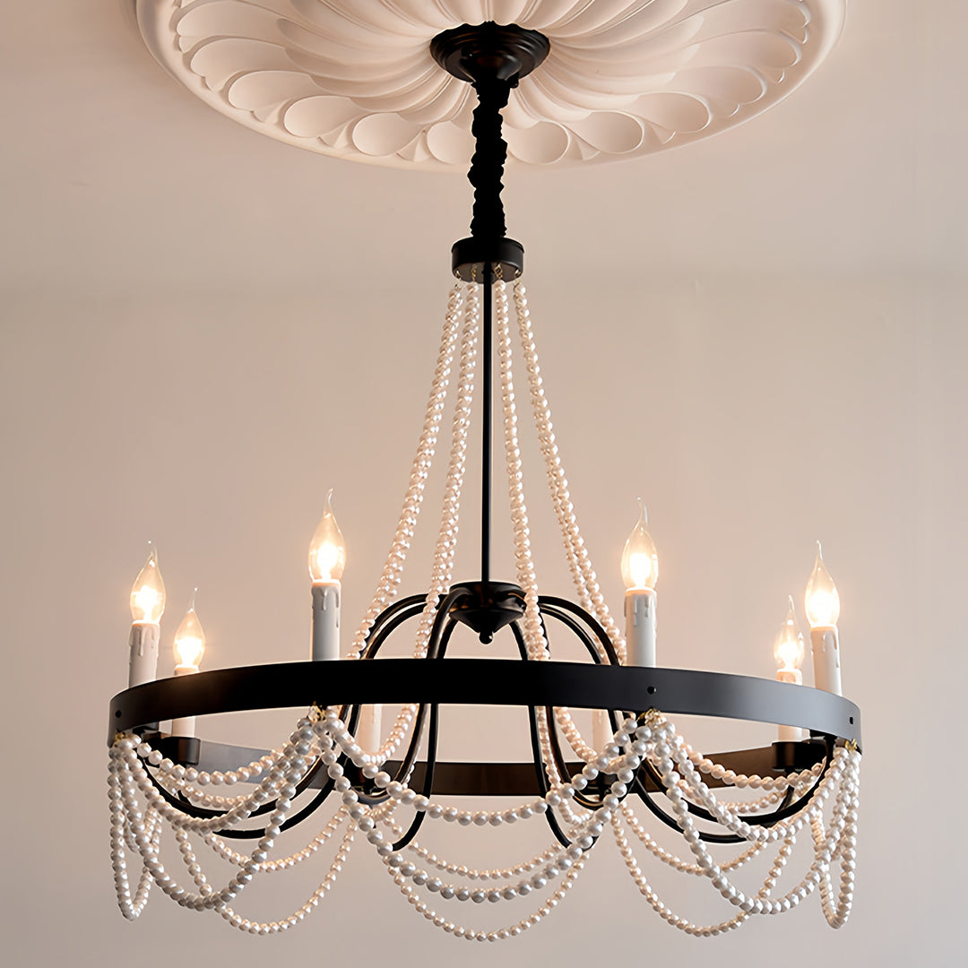 Pearl Swag Candle Chandelier, Wrought Iron French Ceiling Light 7