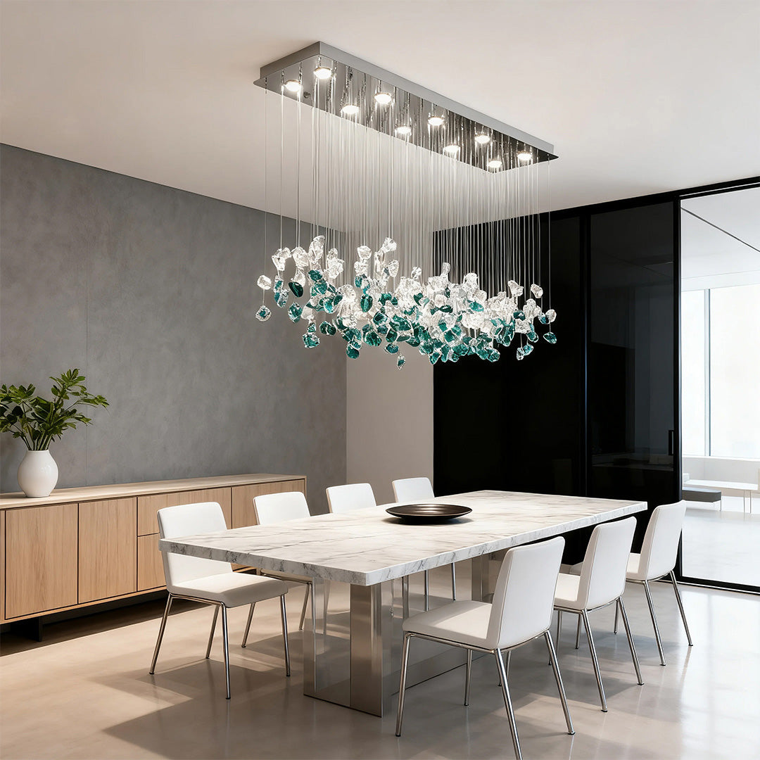 Green and Clear Glass Pebble Chandelier, Linear Island Ceiling Light