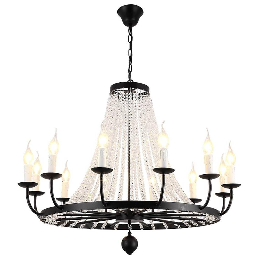 Crystal Cascade Wagon Wheel Candle Chandelier, Black Metal Light 12