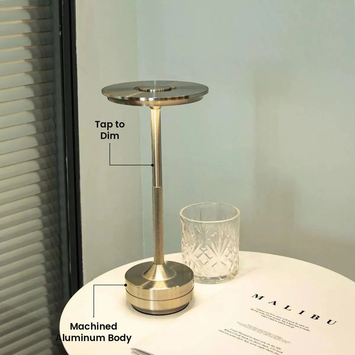 Aluminum Cordless Touch Table Lamp: Machined Aluminum Body, Tap to Dim