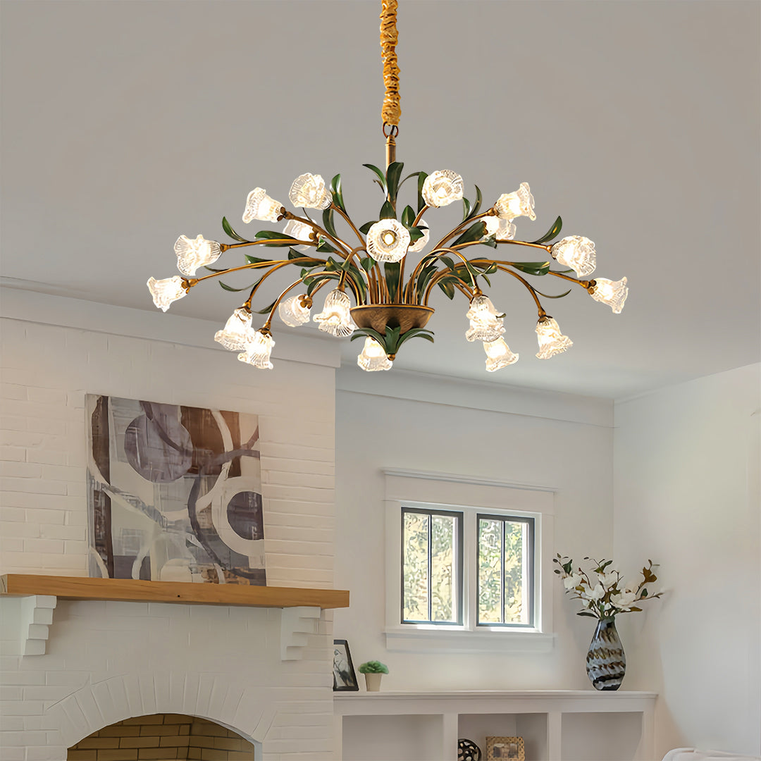 White flowers above a dining table