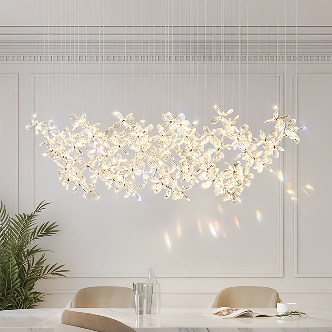 Crystal Blossom Cloud Chandelier, Chrome Rectangular Island Light 6