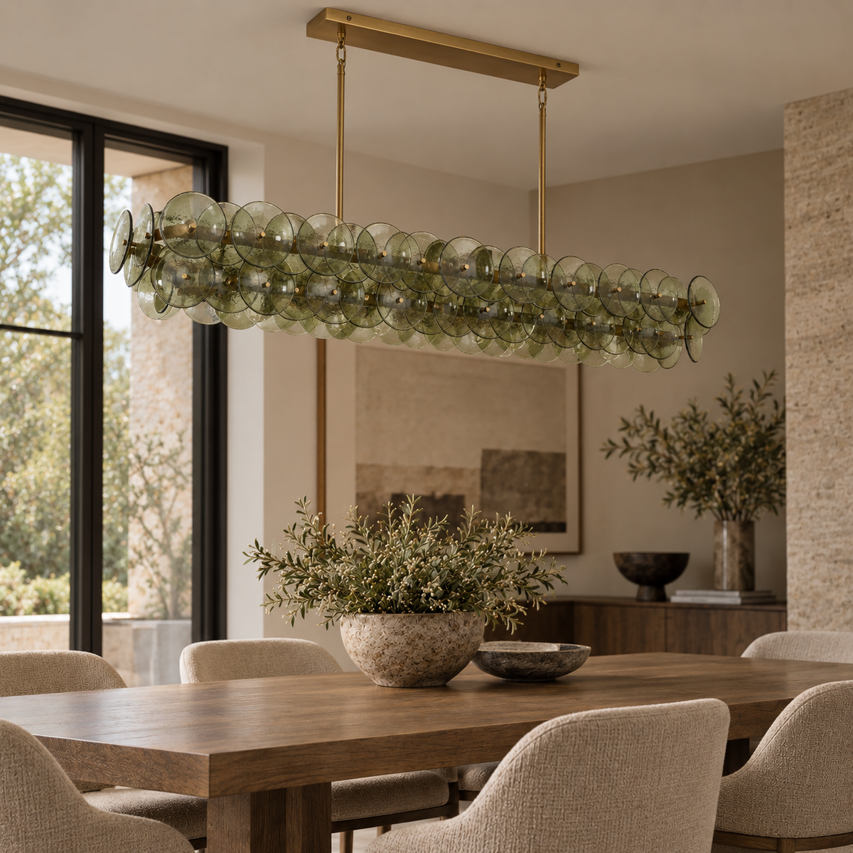 Green Glass Disc Linear Chandelier, 12 Light Gold Frame