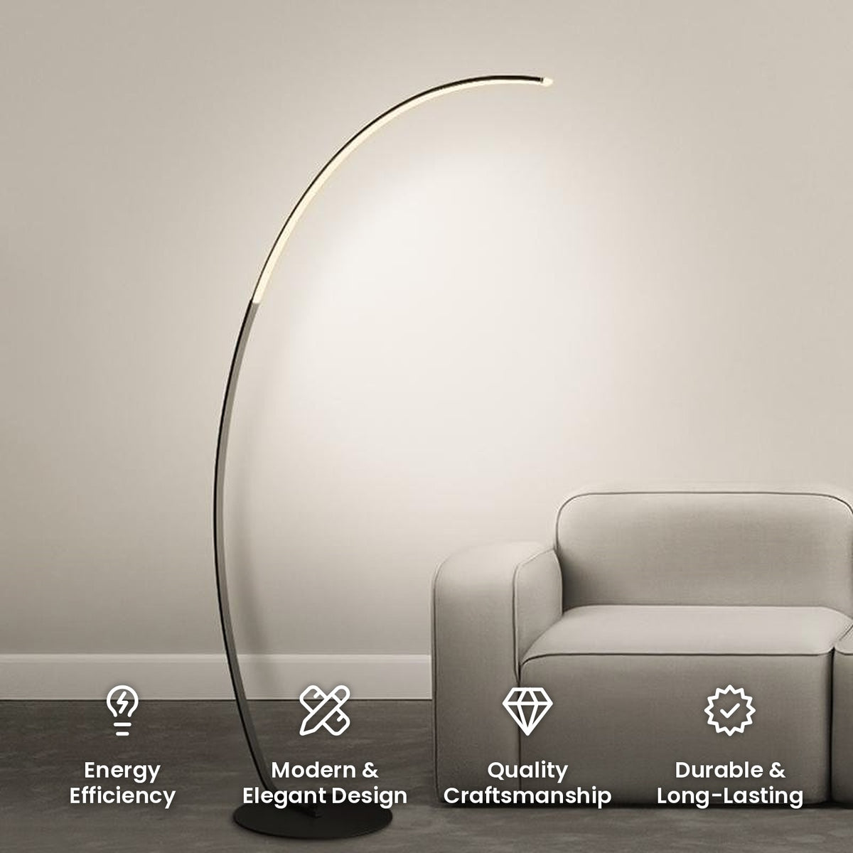 Aluminum Arc Floor Lamp: energy efficiency, modern and elegant design, quality craftsmanship, durable and long-lasting