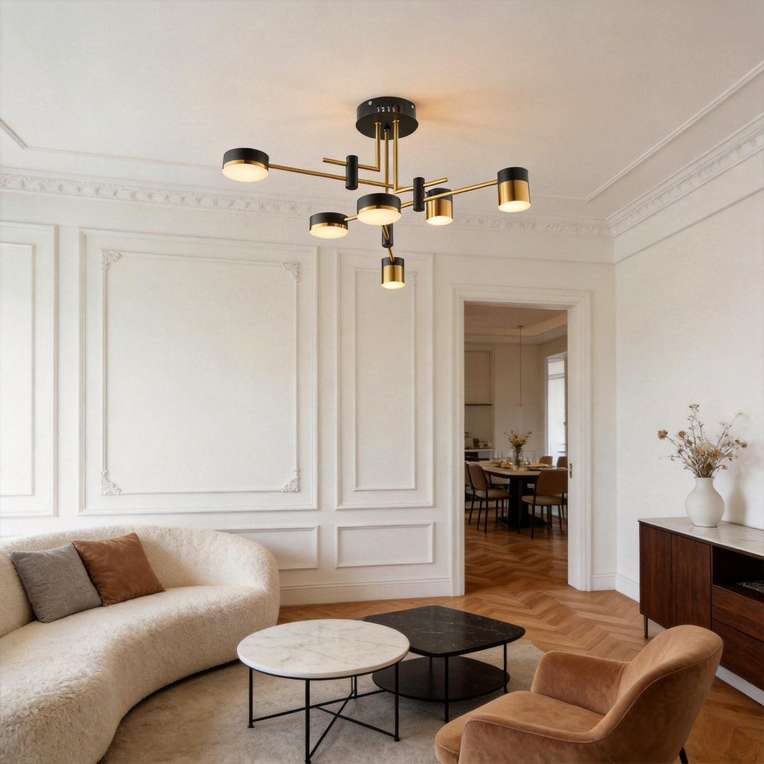Radial Sputnik Chandelier, Black and Gold Dimmable LED