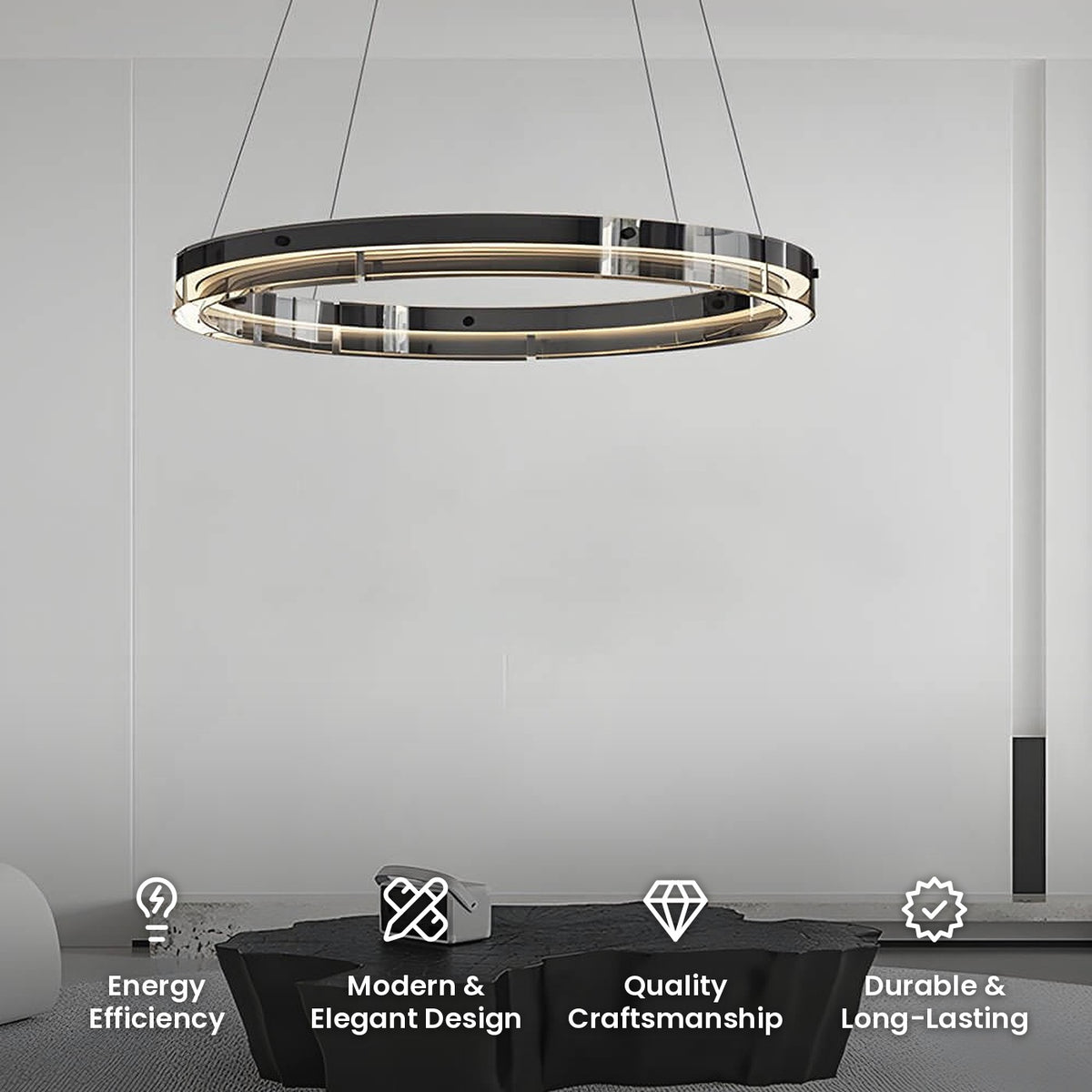 Black Glass Ring Chandelier: energy efficiency, modern and elegant design, quality craftsmanship, durable and long-lasting