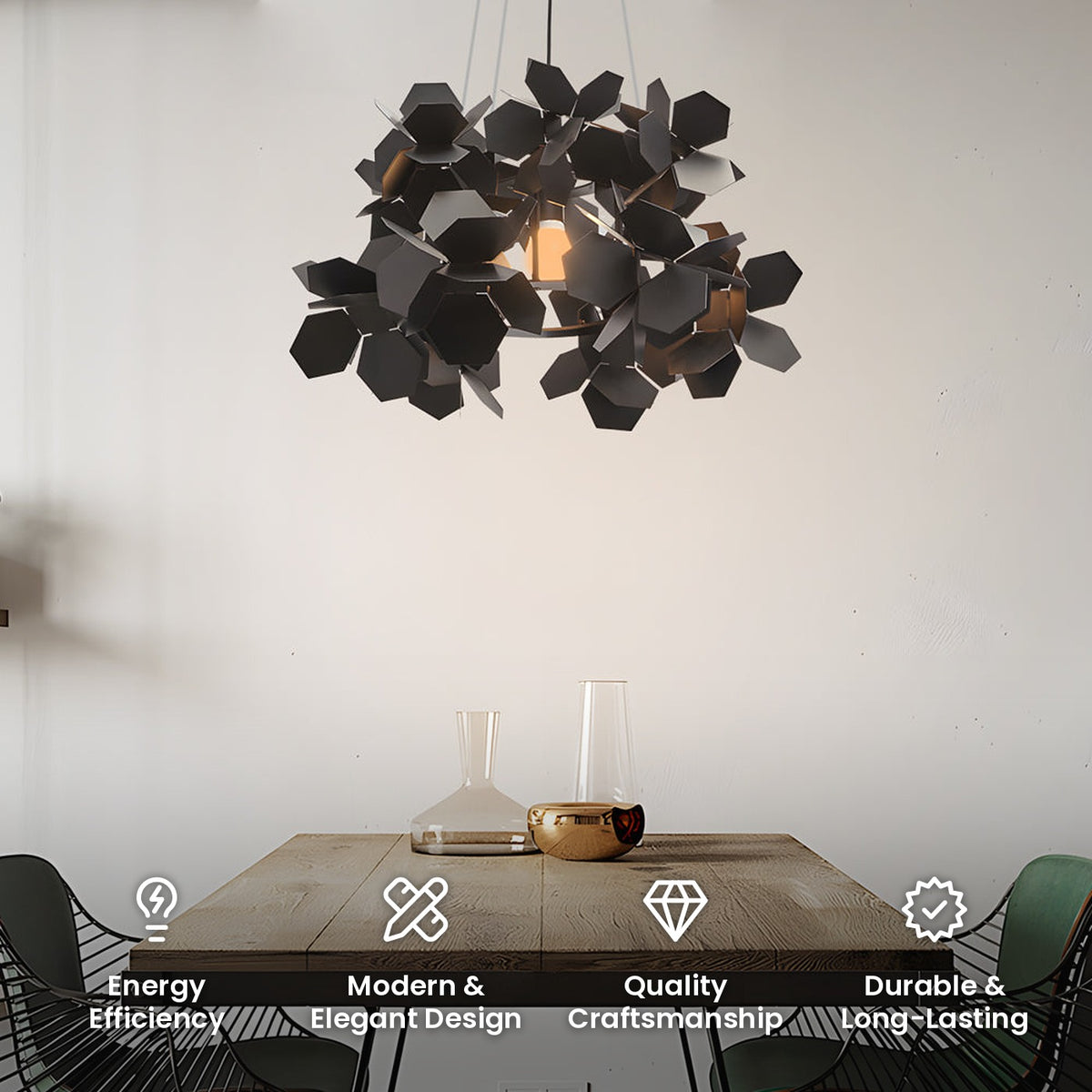 Black Iron Leaf Chandelier: energy efficiency, modern and elegant design, quality craftsmanship, durable and long-lasting