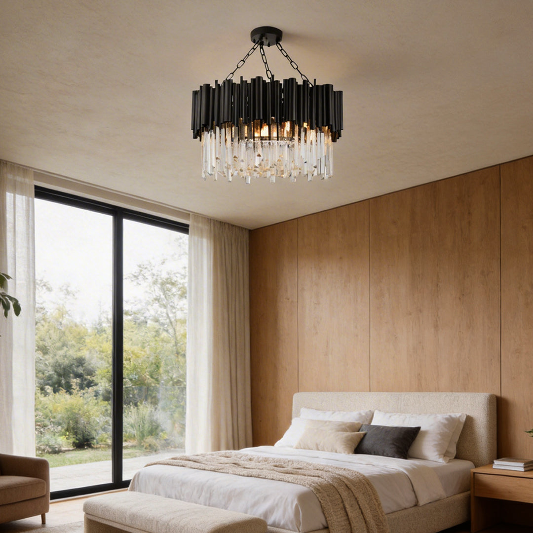 Black Tube Crown Crystal Chandelier, Modern Round Ceiling Light 2