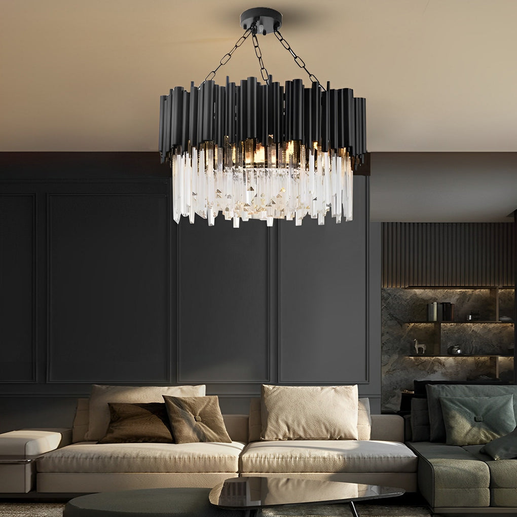 Black Tube Crown Crystal Chandelier, Modern Round Ceiling Light 7