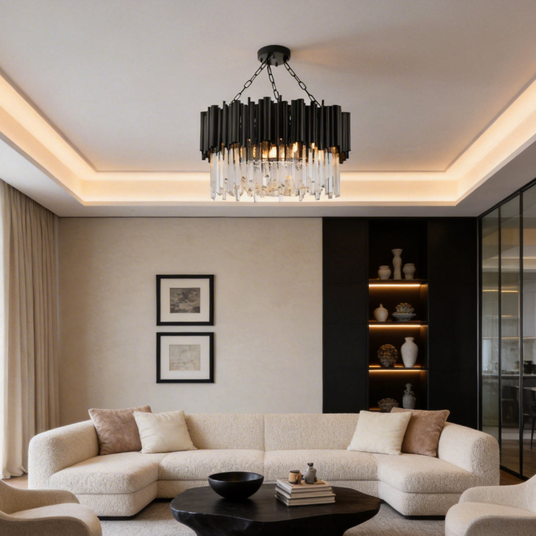 Black Tube Crown Crystal Chandelier, Modern Round Ceiling Light