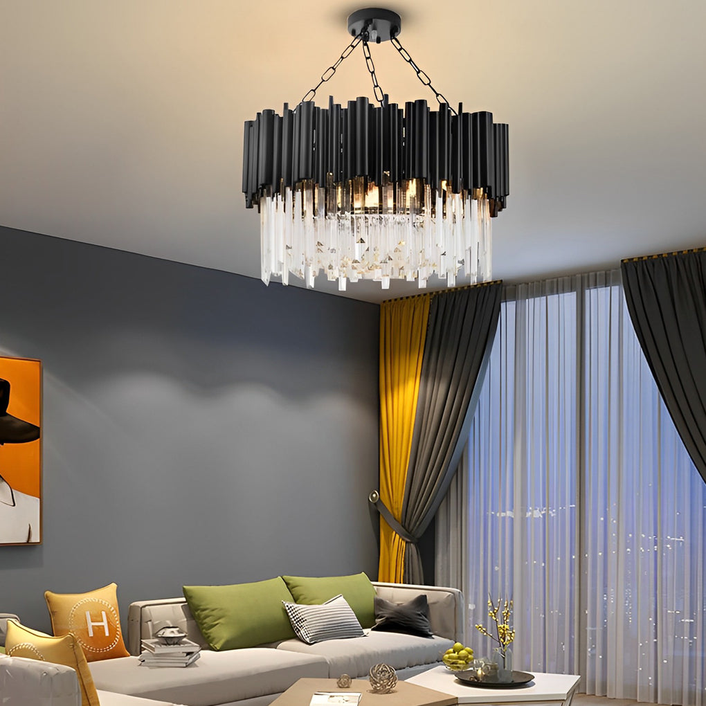 Black Tube Crown Crystal Chandelier, Modern Round Ceiling Light 3