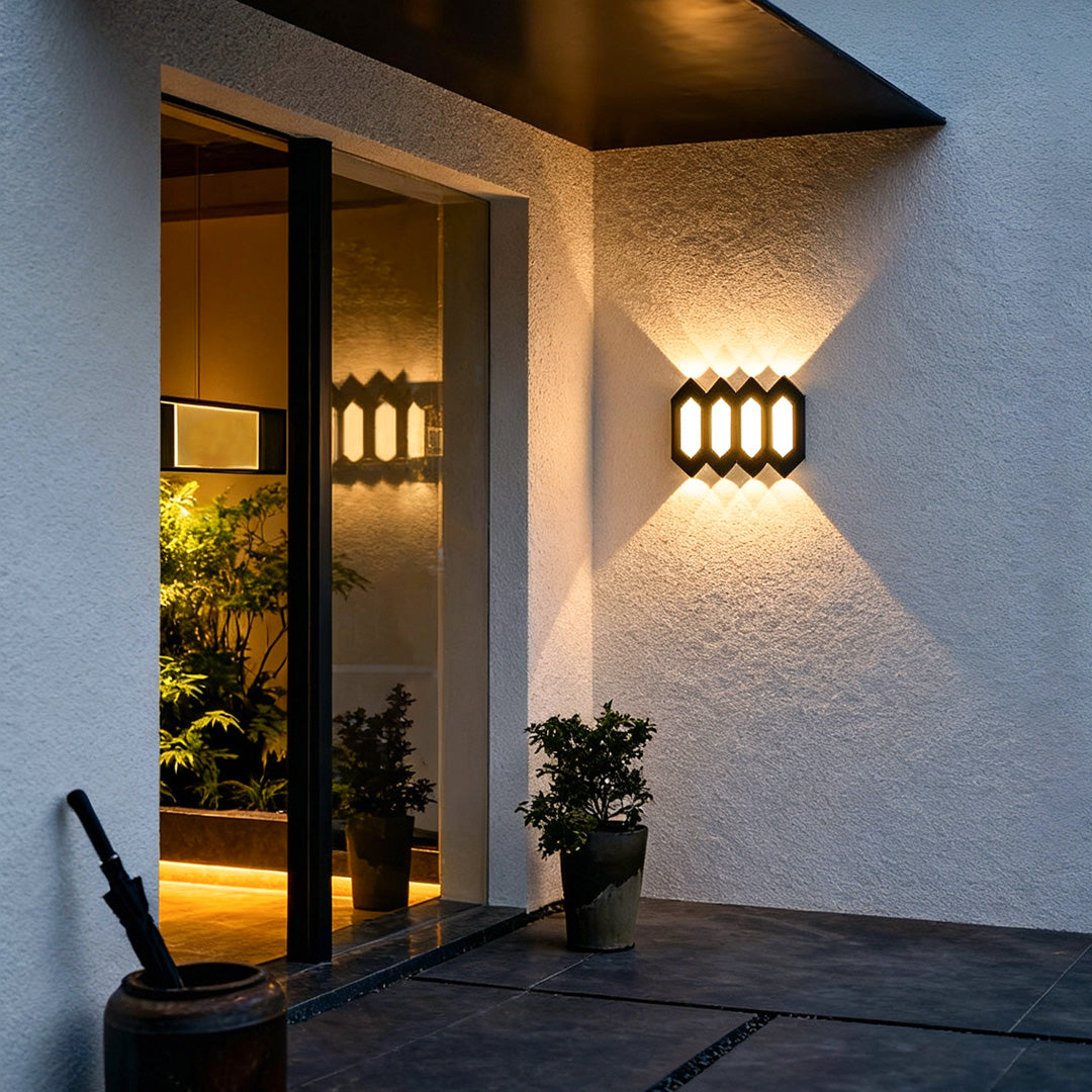 Hexagon Matrix Outdoor Wall Light, Black Aluminum Sconce
