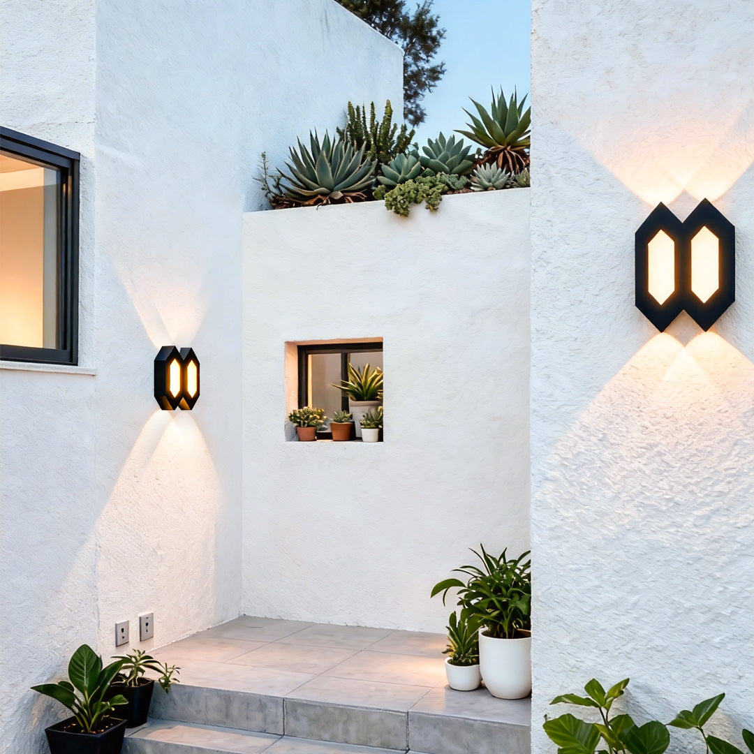 Hexagon Matrix Outdoor Wall Light, Black Aluminum Sconce