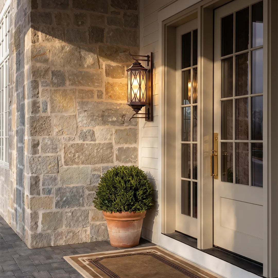 Lattice Glass Outdoor Lantern, Bronze Wall Lantern Set