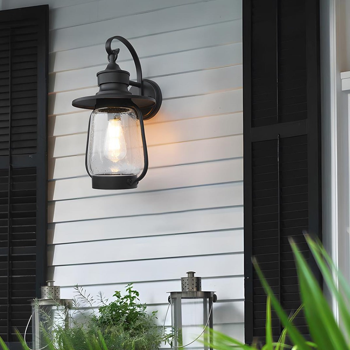 Bubble Glass Jar Lantern, Black Aluminum Gooseneck Porch Light 2