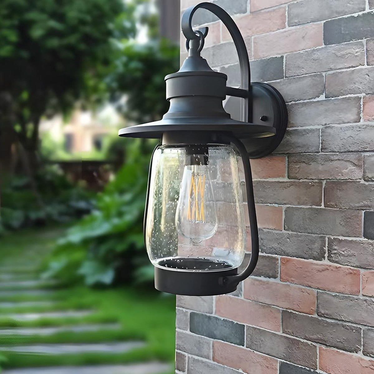 Bubble Glass Jar Lantern, Black Aluminum Gooseneck Porch Light 3