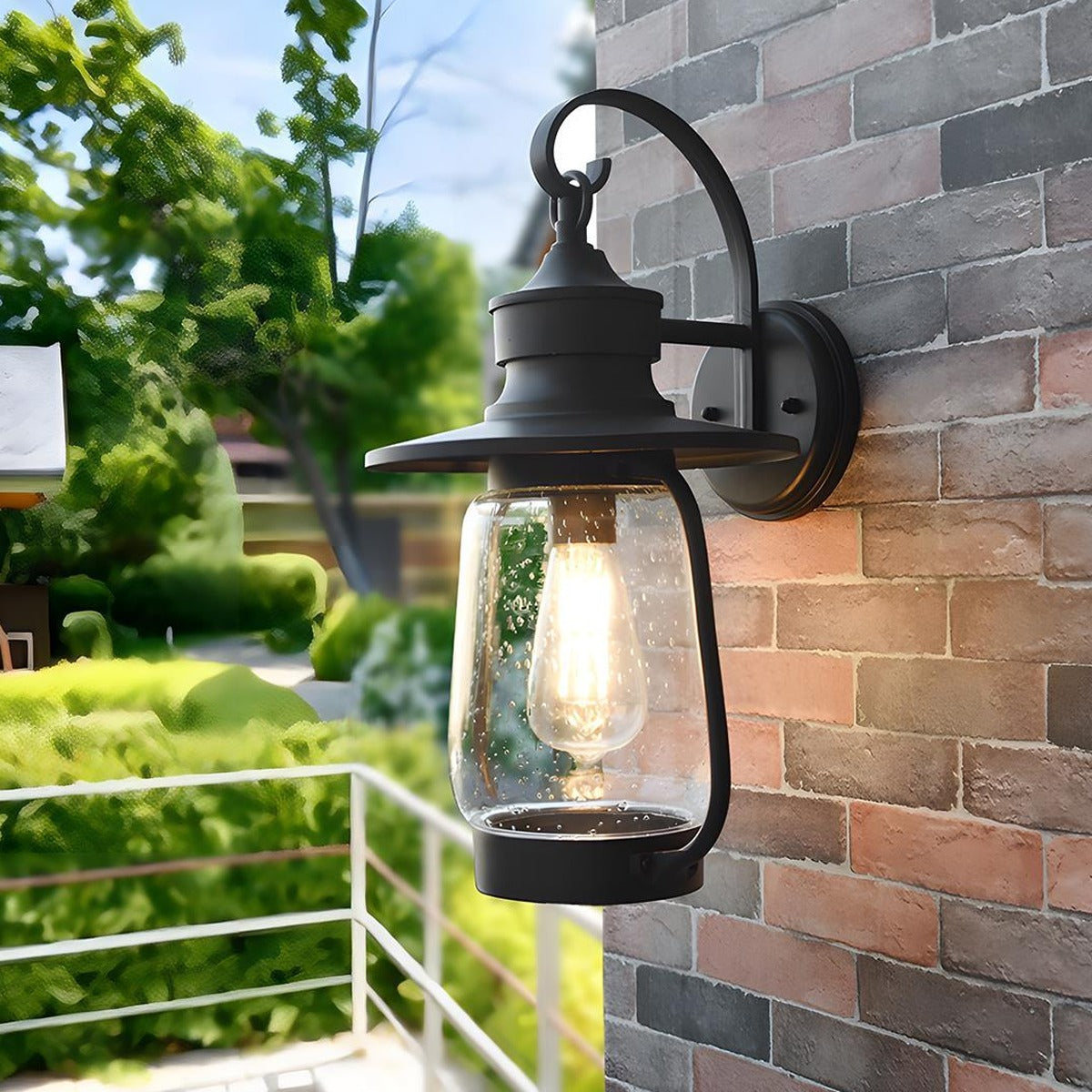 Bubble Glass Jar Lantern, Black Aluminum Gooseneck Porch Light 4