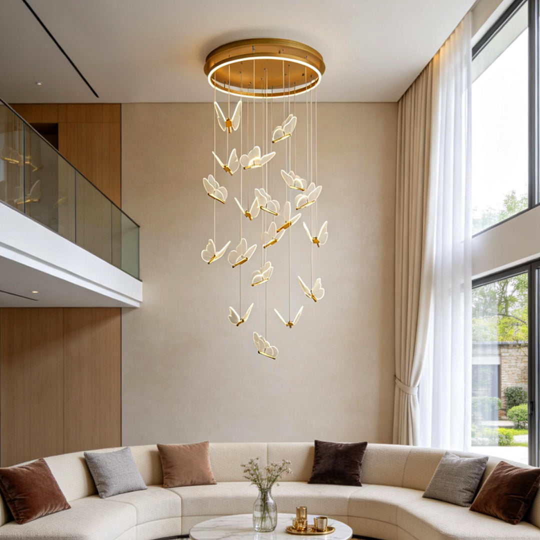 Glowing Butterfly Staircase Chandelier, Gold Iron and Acrylic Light
