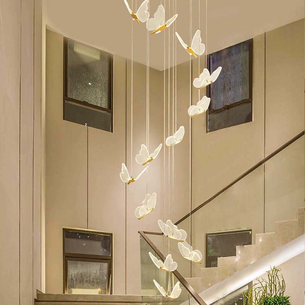 Glowing Butterfly Staircase Chandelier, Gold Iron and Acrylic Light 5
