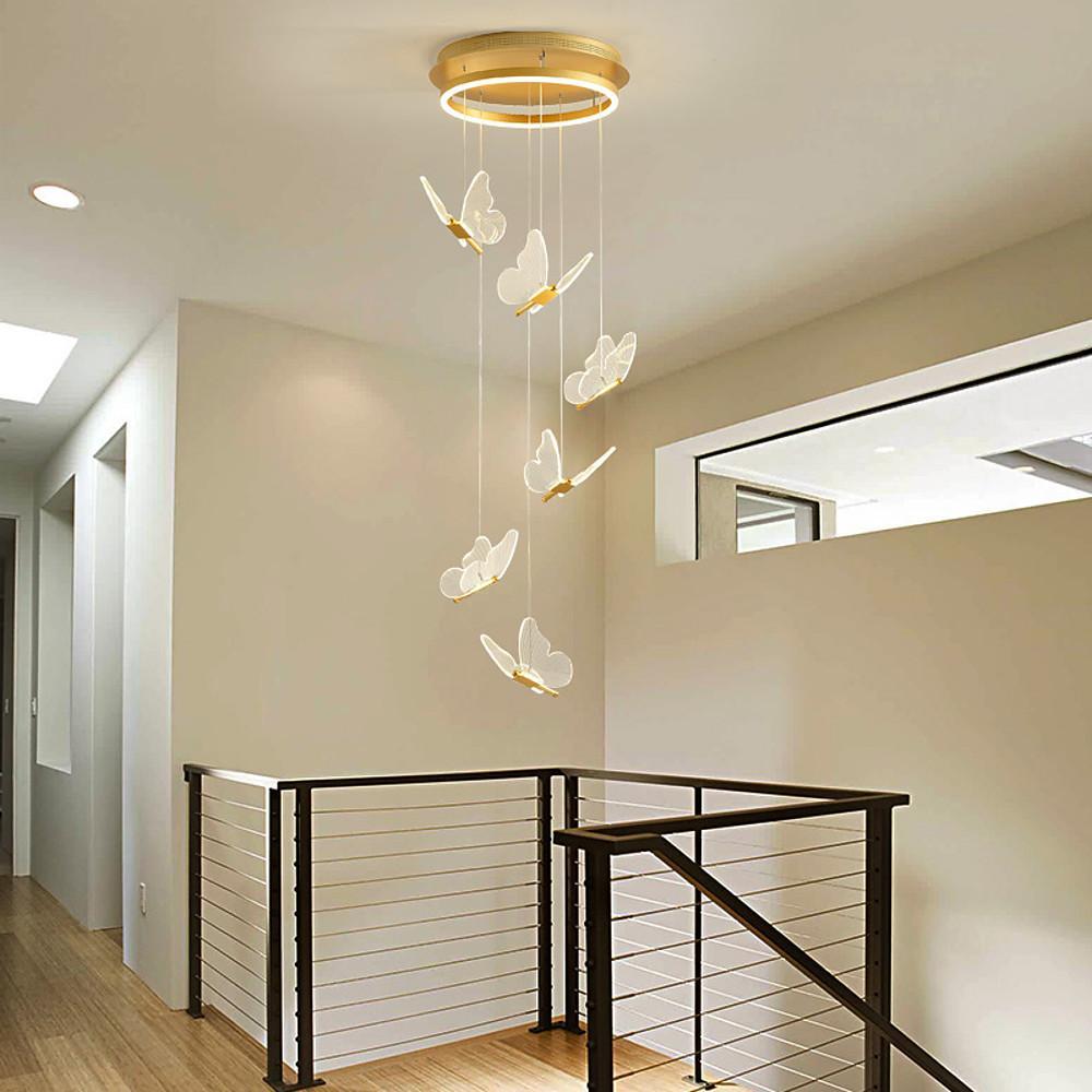 Glowing Butterfly Staircase Chandelier, Gold Iron and Acrylic Light 6
