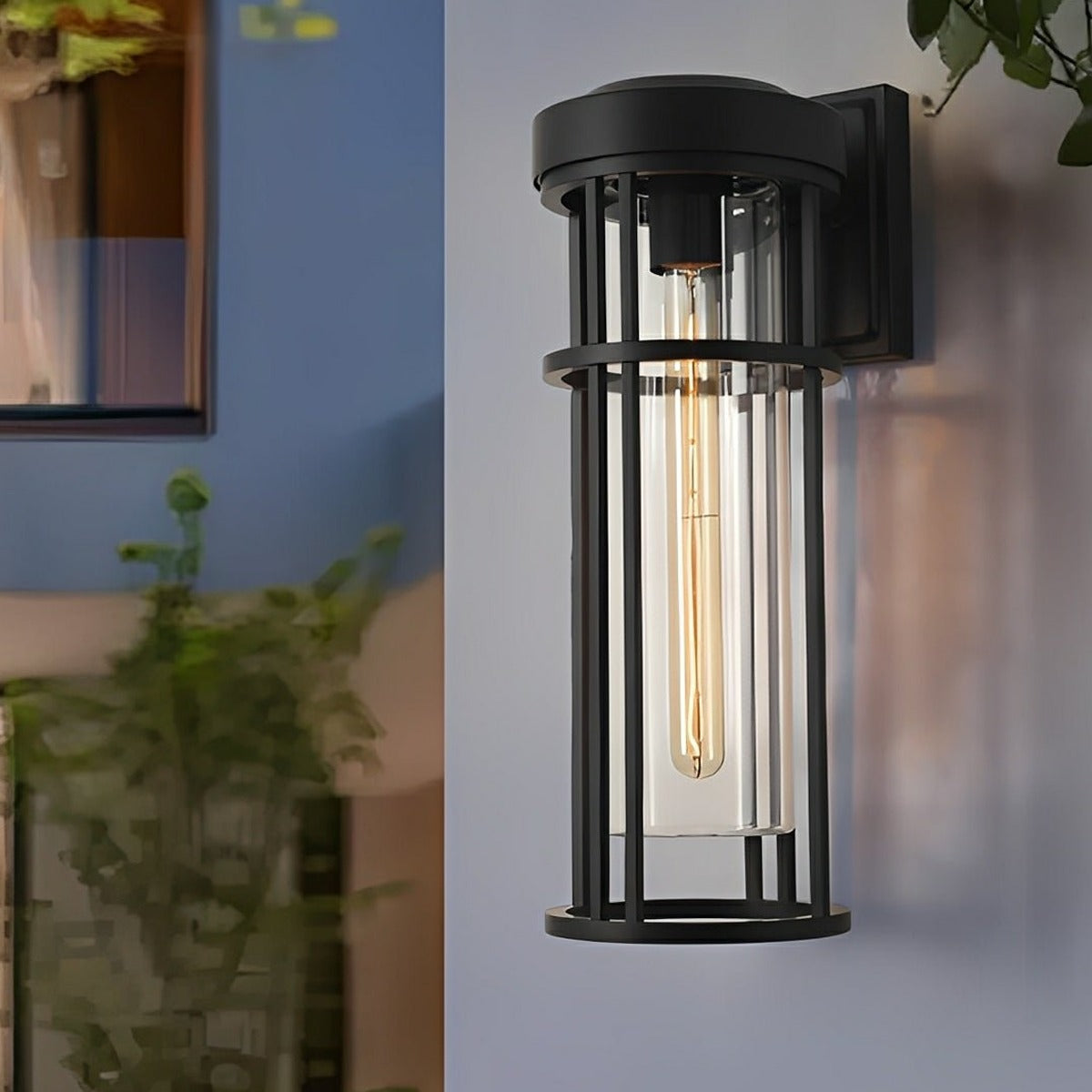 Caged Cylinder Glass Porch Light, Black Die Cast Aluminum Sconce