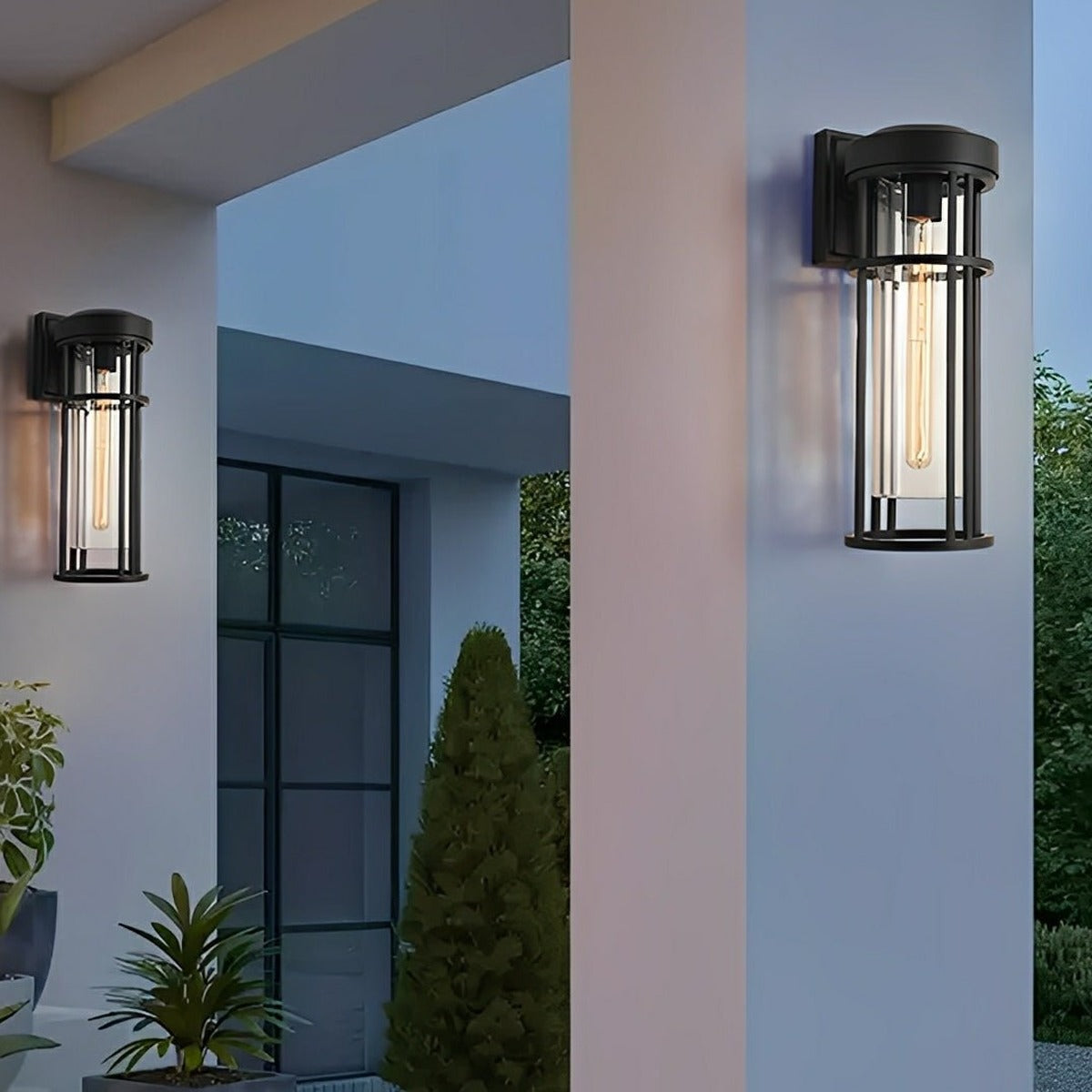Caged Cylinder Glass Porch Light, Black Die Cast Aluminum Sconce 2