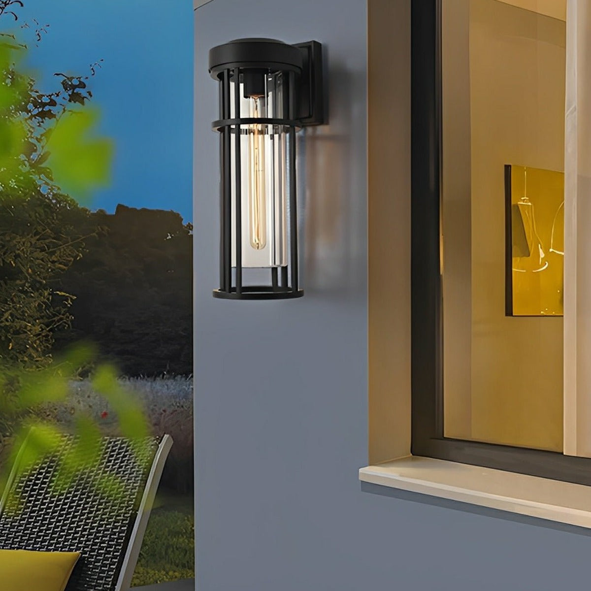 Caged Cylinder Glass Porch Light, Black Die Cast Aluminum Sconce 3