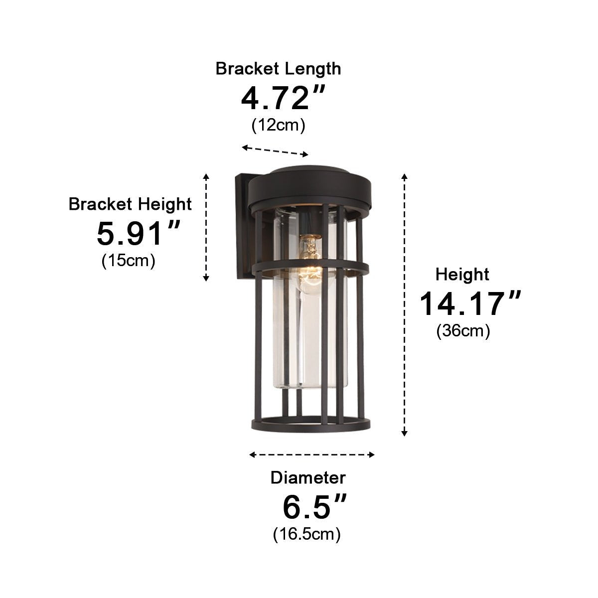 Caged Cylinder Glass Porch Light, Black Die Cast Aluminum Sconce 8