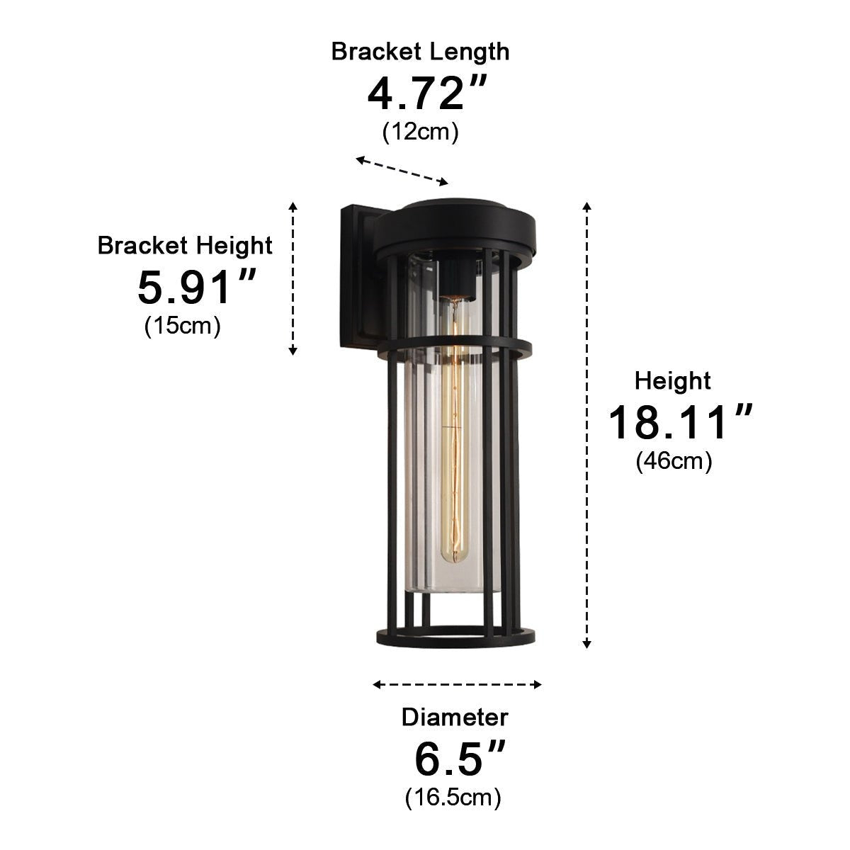 Caged Cylinder Glass Porch Light, Black Die Cast Aluminum Sconce 9