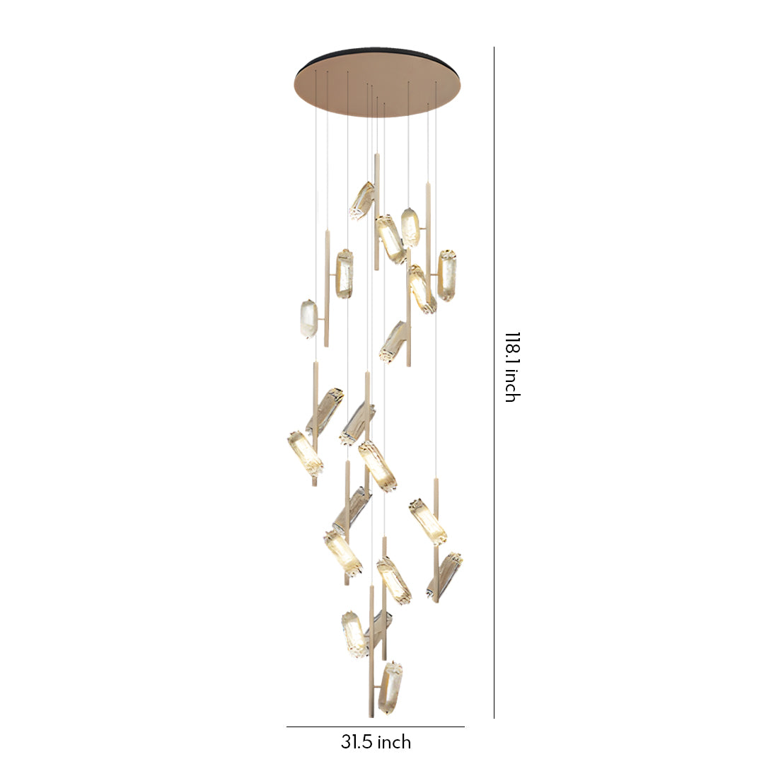 Faceted Block Staircase Chandelier, Gold Aluminum Long Drop Light 7