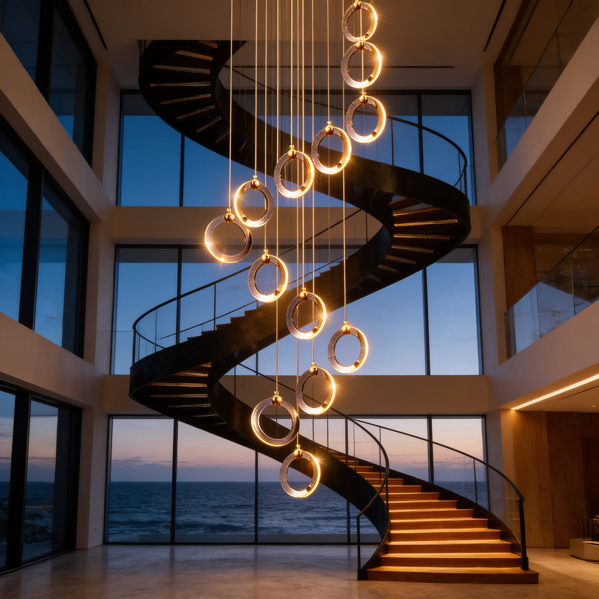 Cascading Ring Staircase Chandelier, 12 Light