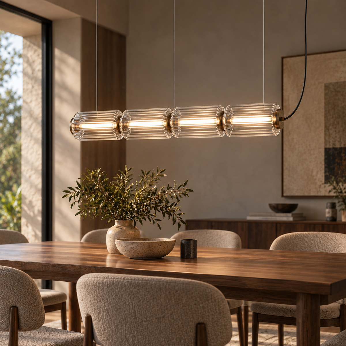 Fluted Glass Linear Pendant Light, Italian Style Island