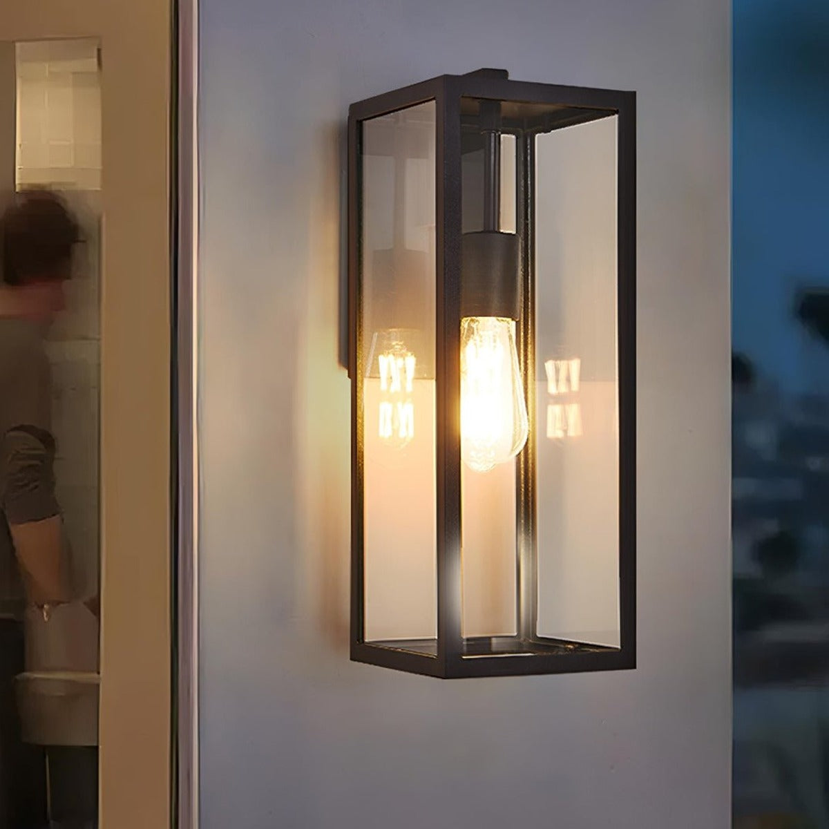 Clear Box Lantern Wall Light, Black Aluminum Farmhouse Sconce